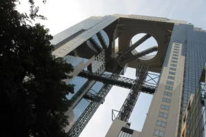 A low angle facing upwards to the Umeda Sky Building