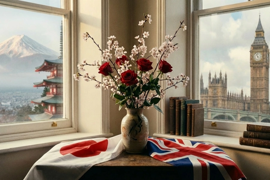 UK and Japan cultural exchange scene with Mount Fuji and pagoda on one side, Big Ben on the other, and flags with flowers indoors
