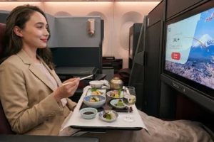 Japan Airlines business class passenger enjoying a traditional Japanese in-flight meal with sake, seated in a private suite with a personal entertainment screen displaying Mount Fuji.