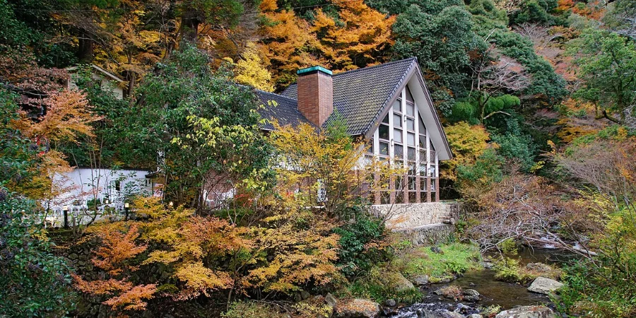 Cozy cabin by a stream in Minoo Park surrounded by vibrant autumn foliage and forest landscape in Osaka