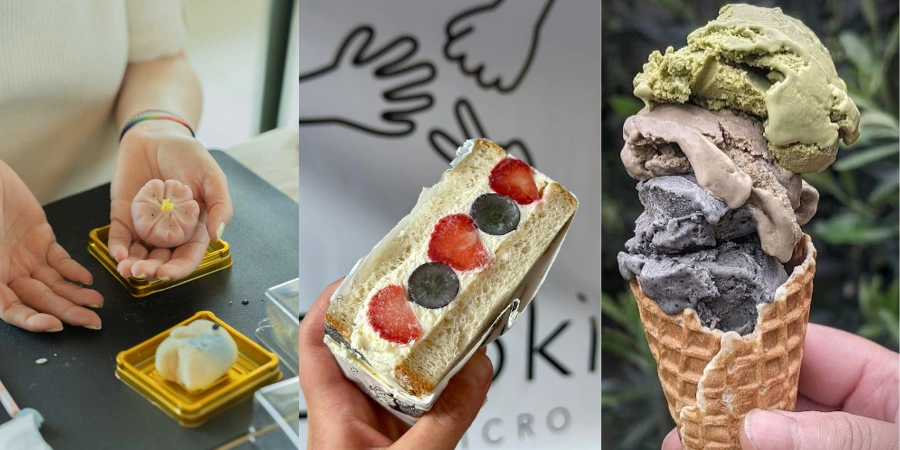 Collage of Japanese desserts including delicate wagashi sweets, a fruit sando sandwich with strawberries and grapes, and a cone of matcha and black sesame ice cream.