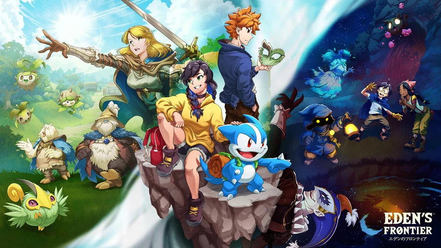 Key art for Eden’s Frontier featuring anime-style fantasy adventurers, including a sword-wielding heroine, companions, and magical creatures exploring a vibrant world that contrasts bright landscapes with dark, mystical realms.