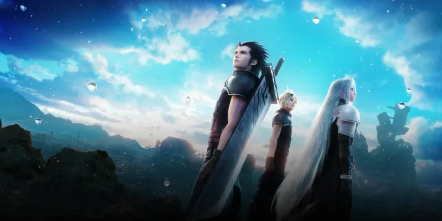 Final Fantasy VII Rebirth characters Cloud, Zack, and Sephiroth standing against a bright blue sky in a cinematic game scene
