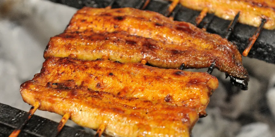 Close-up of grilled Japanese unagi eel cooking over charcoal with glazed sauce