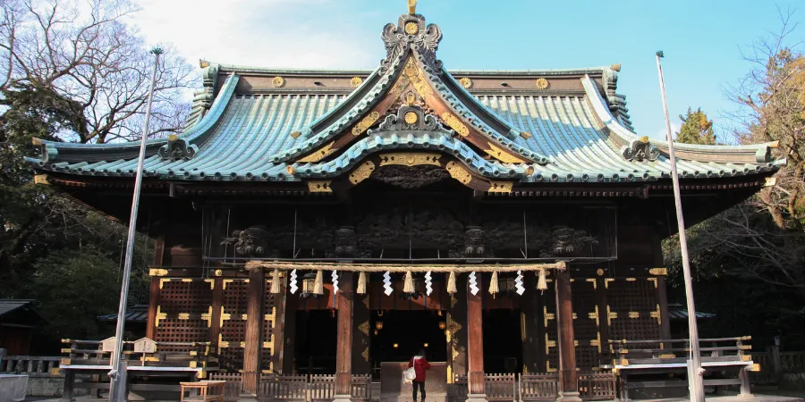 Main hall of Mishima Taisha Shrine in Shizuoka, Japan featuring traditional Japanese shrine architecture