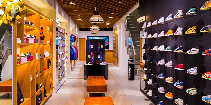 Interior of Onitsuka Tiger Shinsaibashi store in Osaka displaying sneakers, apparel, and fashion accessories