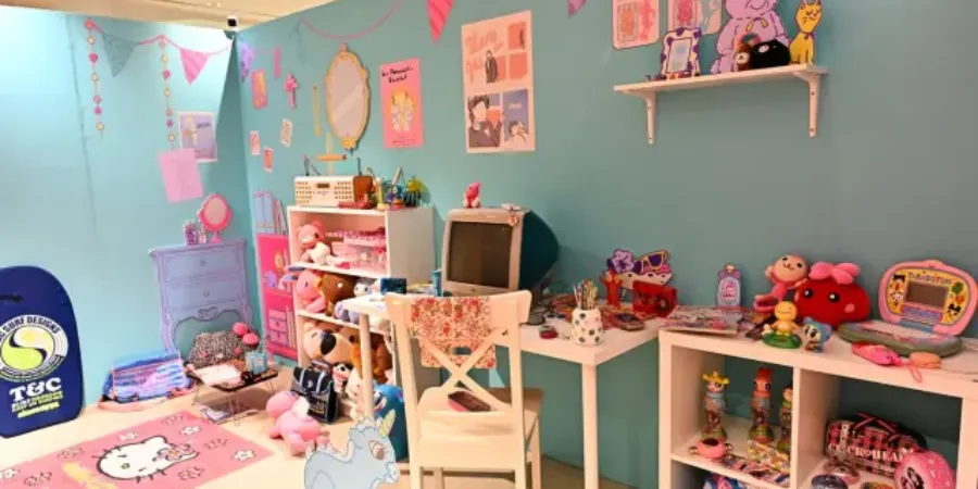 Colourful Heisei retro bedroom exhibition featuring nostalgic Japanese toys, kawaii decor, a vintage CRT television and Hello Kitty accessories in a 1990s and 2000s style.