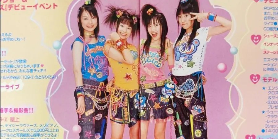 Japanese pop idols wearing colourful Heisei-era fashion with layered accessories, denim skirts and vibrant Y2K-inspired street style from the early 2000s.