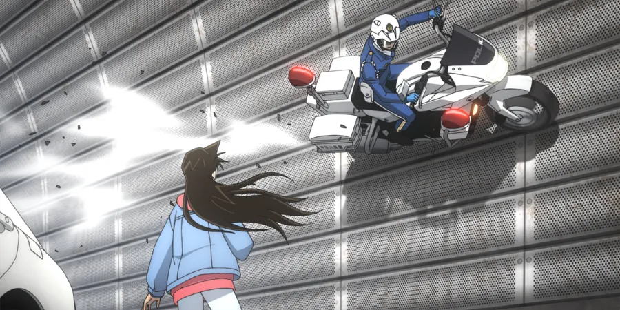 Anime still from Detective Conan M29 showing a white police motorcycle speeding through a tunnel toward a girl standing near a car.