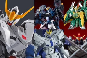 Close up collage of multiple Gundam model kits featuring detailed mecha designs in white, blue, green and red colour schemes, showcasing various Mobile Suit Gundam characters and custom builds against a dramatic red and grey background.