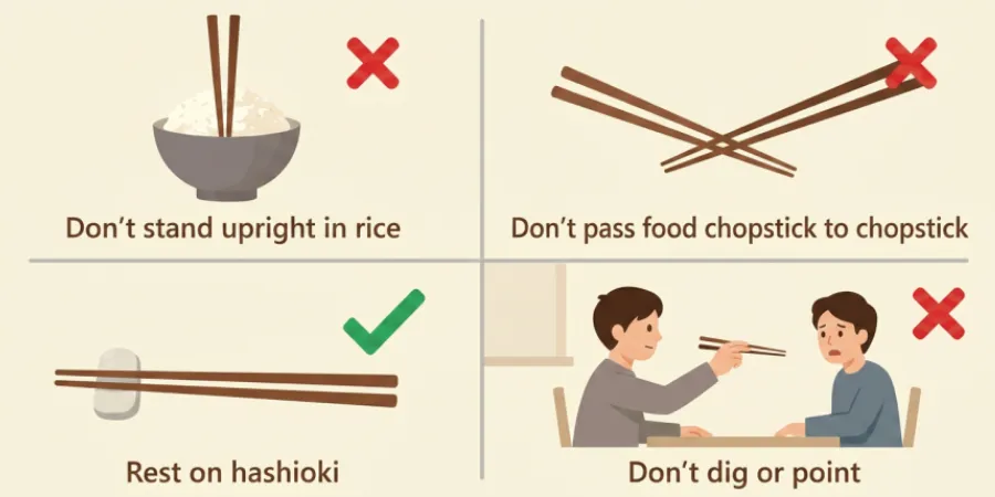 Illustrated guide to Japanese chopstick etiquette showing what not to do, including standing chopsticks upright in rice, passing food chopstick to chopstick, digging or pointing, and the correct way to rest chopsticks on a hashioki.