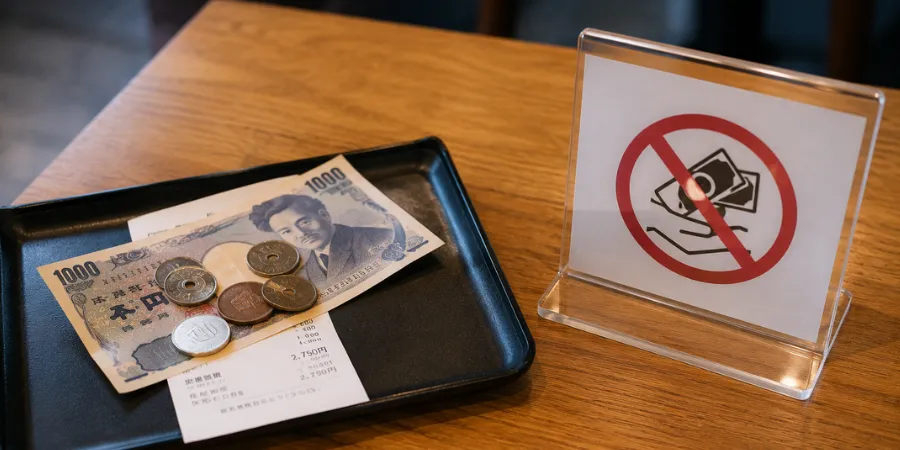 Japanese yen banknotes and coins on a restaurant bill beside a no tipping sign, showing Japan’s no tipping culture and payment etiquette.