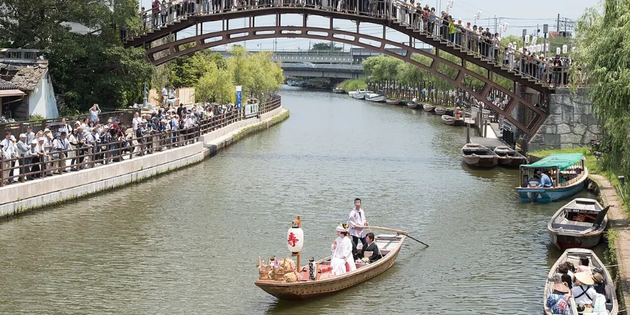 Traditional wedding boat on the canal during the Suigo Itako Ayame Festival in Ibaraki, Japan.