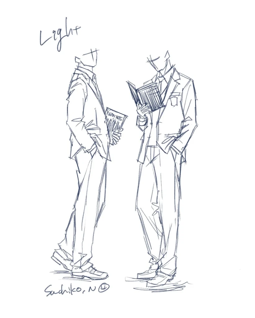 Early costume concept sketch by Sachiko Nakahara for Light Yagami in Death Note: The Musical, depicting the character in a contemporary Japanese school uniform while holding the Death Note during the design development process.