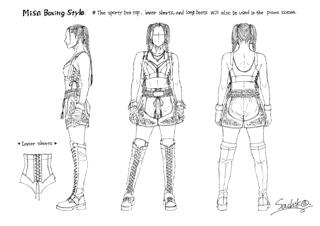 Character costume design by Sachiko Nakahara for Misa Amane's boxing outfit in Death Note: The Musical, showing front, side and rear views with sportswear-inspired styling, lace-up boots and detailed stage costume construction.