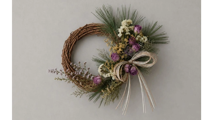 Seasonal Japanese-style floral wreath created during Eiko's flower arrangement workshop at Nishi Market, combining British flowers, pine foliage and natural woven materials inspired by Japanese floral design.