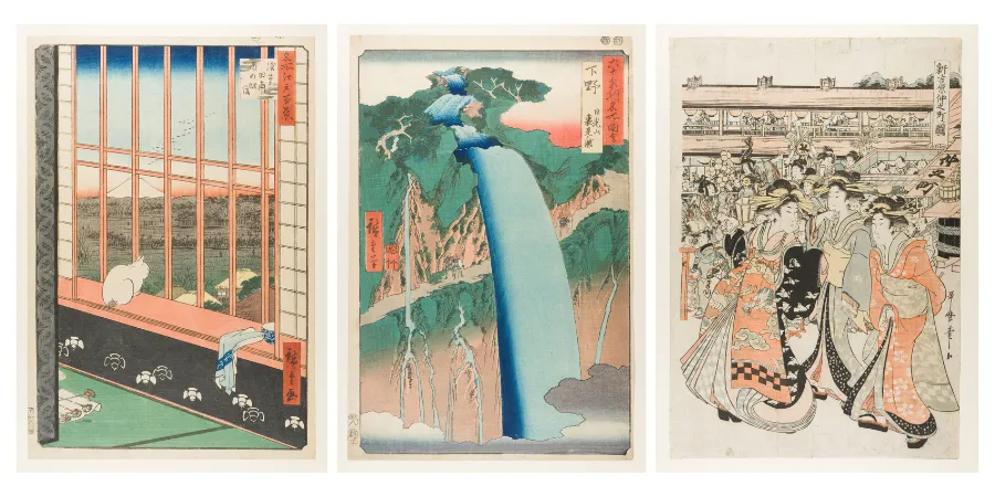 Collection of traditional ukiyo-e Japanese woodblock prints, featuring a serene interior landscape, the Nachi Waterfall, and an Edo-period street scene with elegantly dressed women, showcasing classic Japanese art and culture.