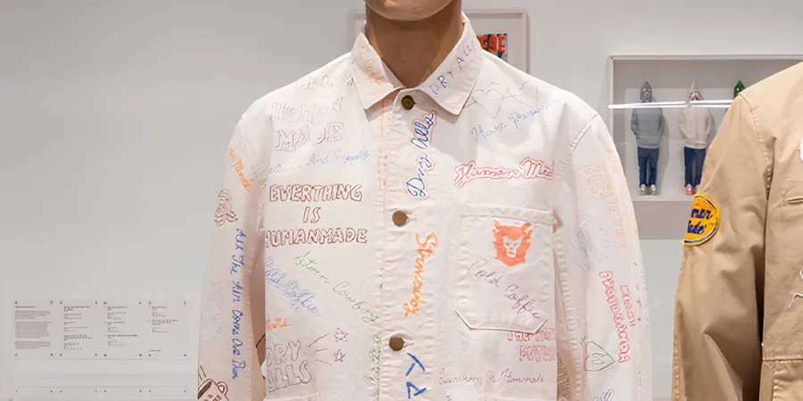 Human Made Memorial Jacket covered with handwritten signatures and embroidered graphics displayed in the exhibition.