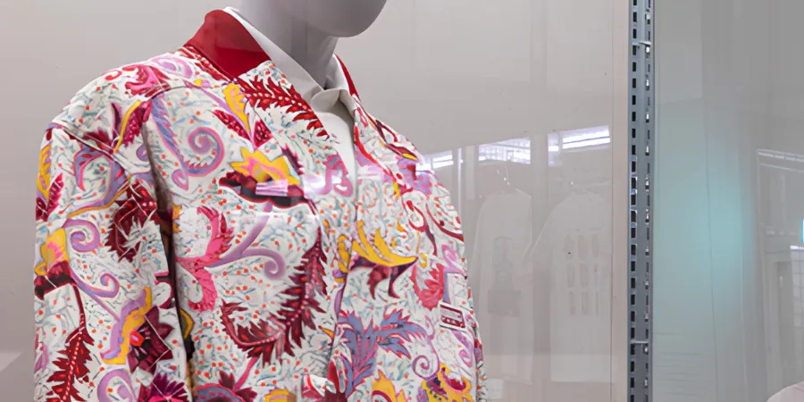 Kenzo Autumn/Winter 2025 Look 17 featuring a colourful paisley print tailored jacket displayed on a mannequin.