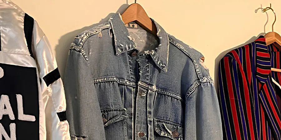 Vintage-inspired Levi's Type II distressed denim jacket displayed alongside archival fashion garments.