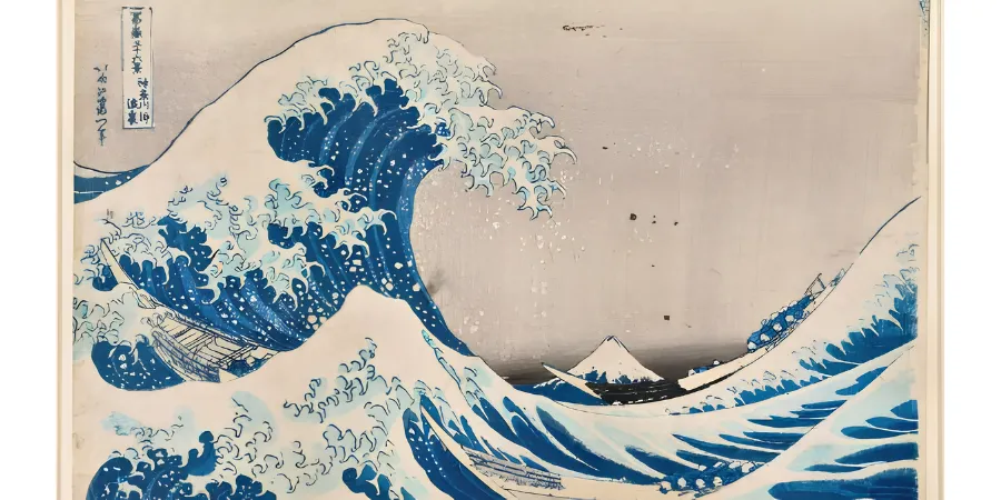 The Great Wave off Kanagawa by Katsushika Hokusai, iconic ukiyo-e woodblock print depicting towering ocean waves, boats, and Mount Fuji, one of the most famous masterpieces of Japanese art.