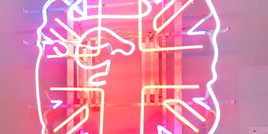 Neon Union Jack artwork featuring a stylised face outline displayed as a contemporary light installation.