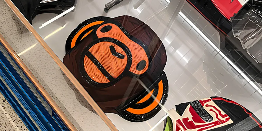 Display of colourful Japanese professional wrestling masks showcased in a museum exhibition.