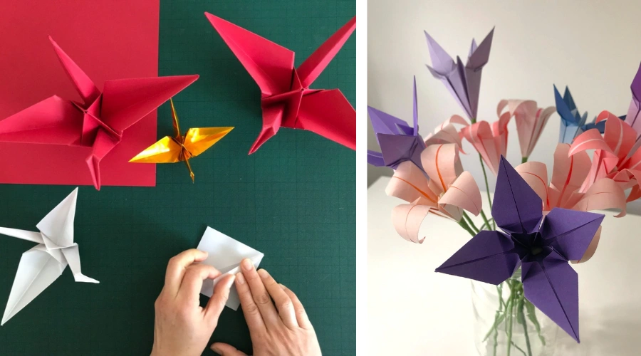 Participants folding colourful origami cranes and lilies during Yukka's traditional Japanese paper craft workshop at Nishi Market, with completed paper flowers and cranes displayed as examples.