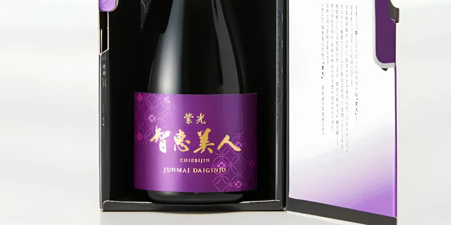 Chiebijin Junmai Daiginjo Japanese sake bottle presented in a purple gift box