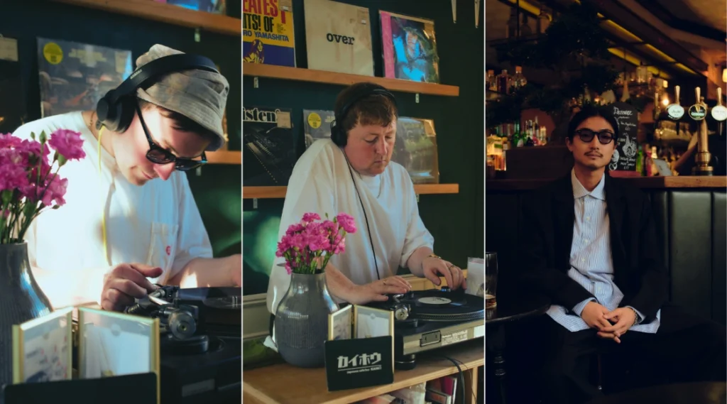 Three AZAZ Collective members pictured DJing and relaxing in record shop and bar settings.