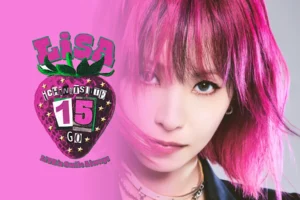 Promotional LISA "Ichinitsuite 15 Go" setlist poster featuring the K-pop solo artist with vibrant pink hair alongside a strawberry-themed graphic displaying "Ichinitsuite 15 Go" and the slogan "Live is Smile Always."