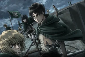 Attack on Titan characters Eren Yeager and Mikasa Ackerman, wearing Survey Corps uniforms and ODM gear