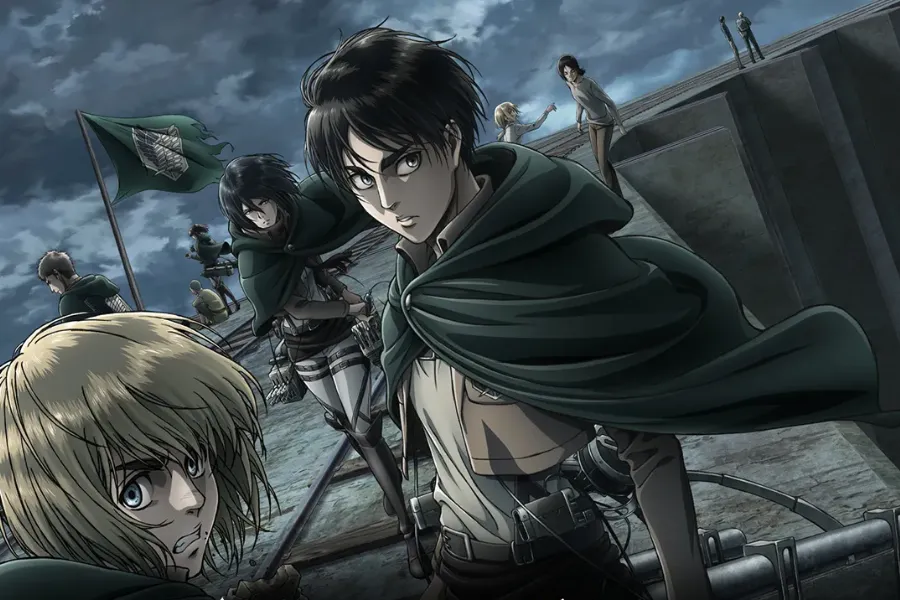 Attack on Titan characters Eren Yeager and Mikasa Ackerman, wearing Survey Corps uniforms and ODM gear