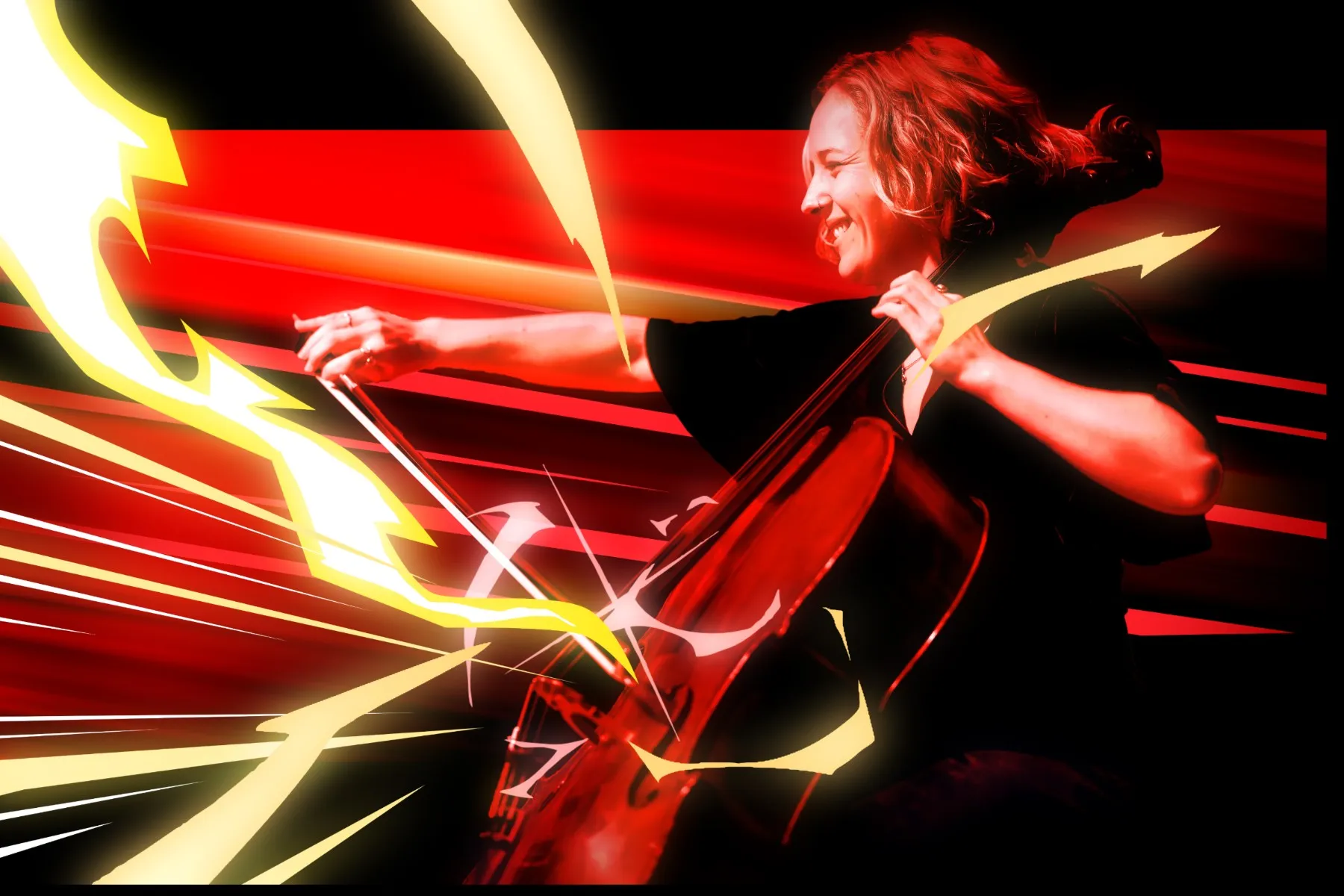 Cellist performing against a dramatic red and black background with stylised yellow lightning effects inspired by anime.