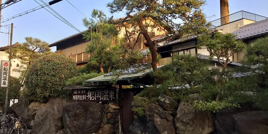 Traditional Japanese entrance to Funaoka Onsen, a historic public bathhouse in Kyoto
