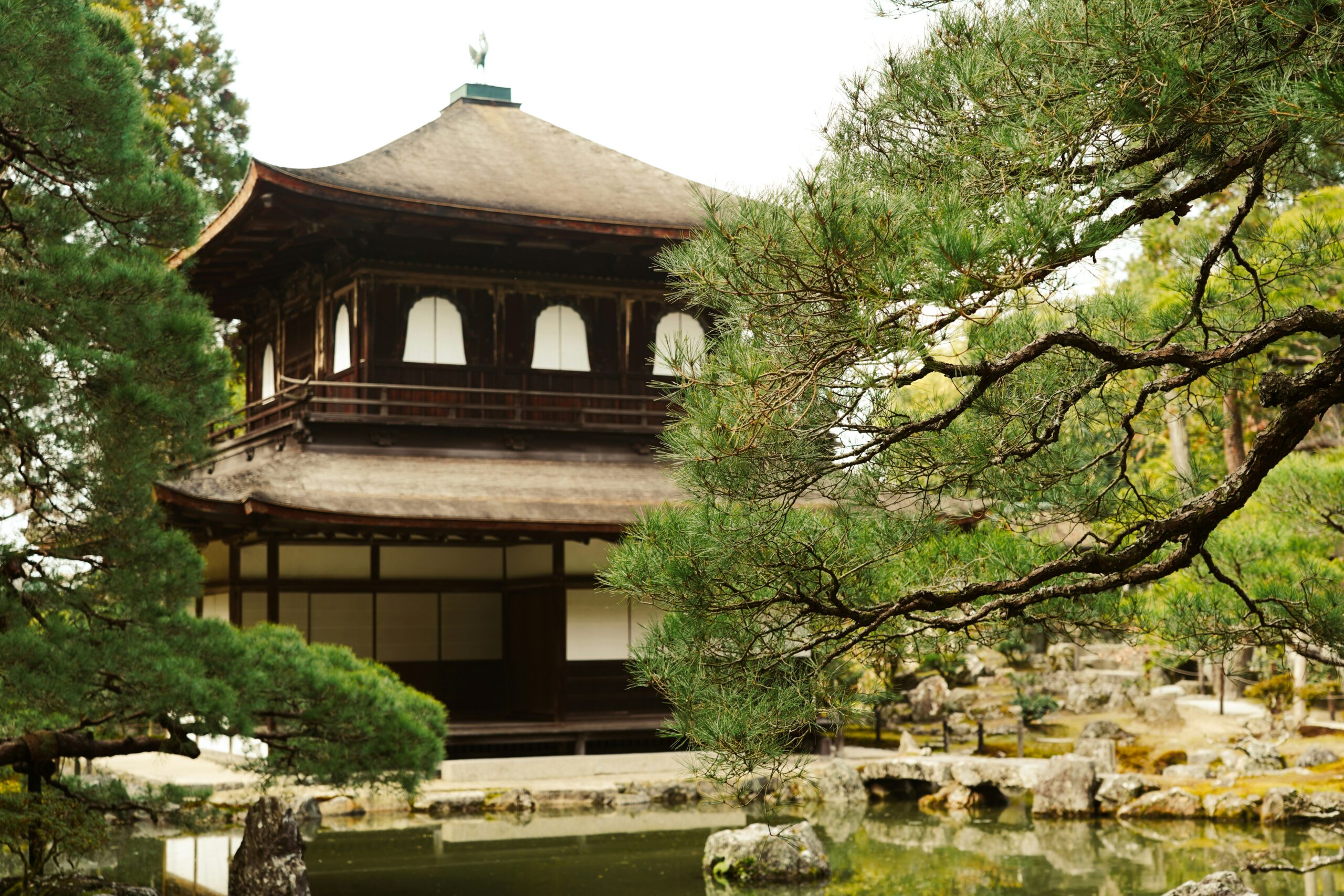 Ginkaku-ji, the Silver Pavilion, rising above its pond in the Higashiyama district of Kyoto