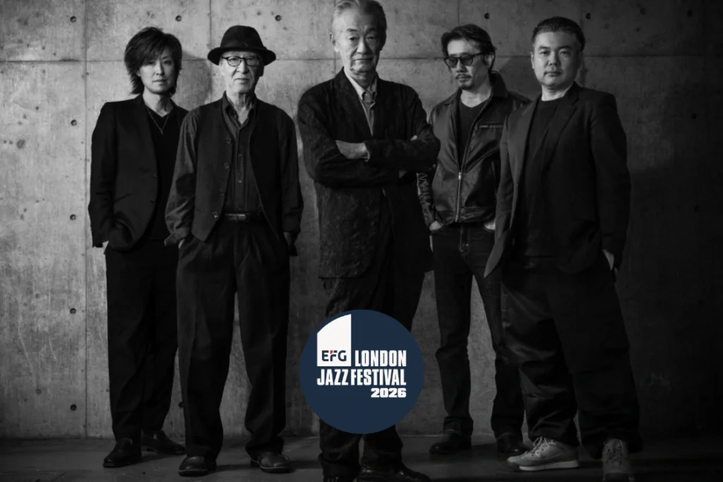 Black and white portrait of the five members of Yoshio Suzuki's band The Blend standing against a concrete wall, overlaid with the EFG London Jazz Festival 2026 roundel, one of seven Japanese bills across the festival in November 2026