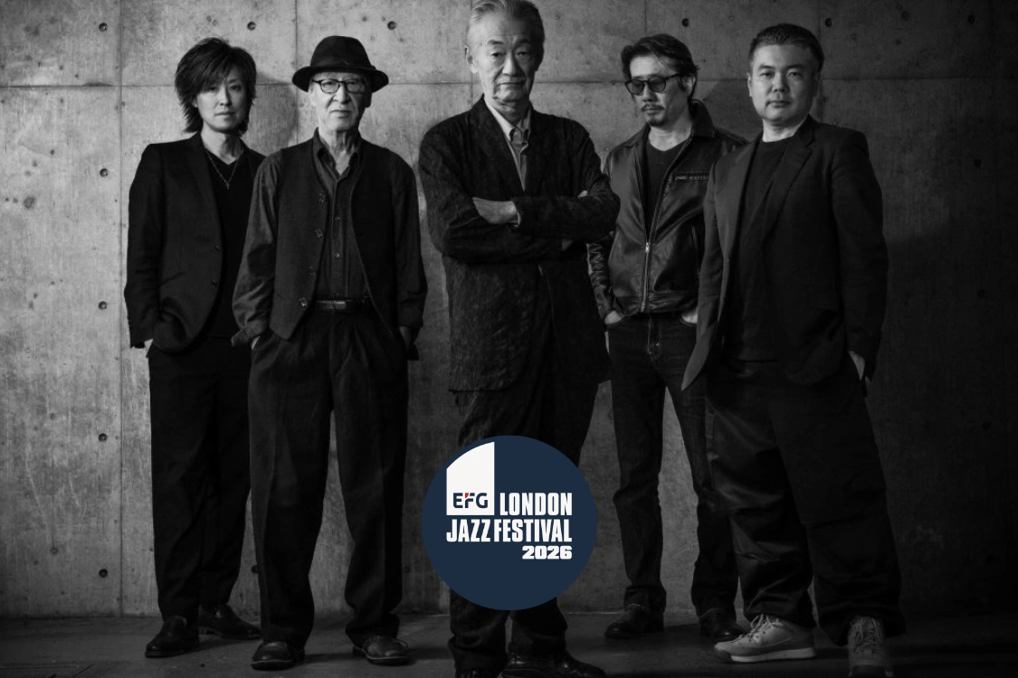 Black and white portrait of the five members of Yoshio Suzuki's band The Blend standing against a concrete wall, overlaid with the EFG London Jazz Festival 2026 roundel, one of seven Japanese bills across the festival in November 2026