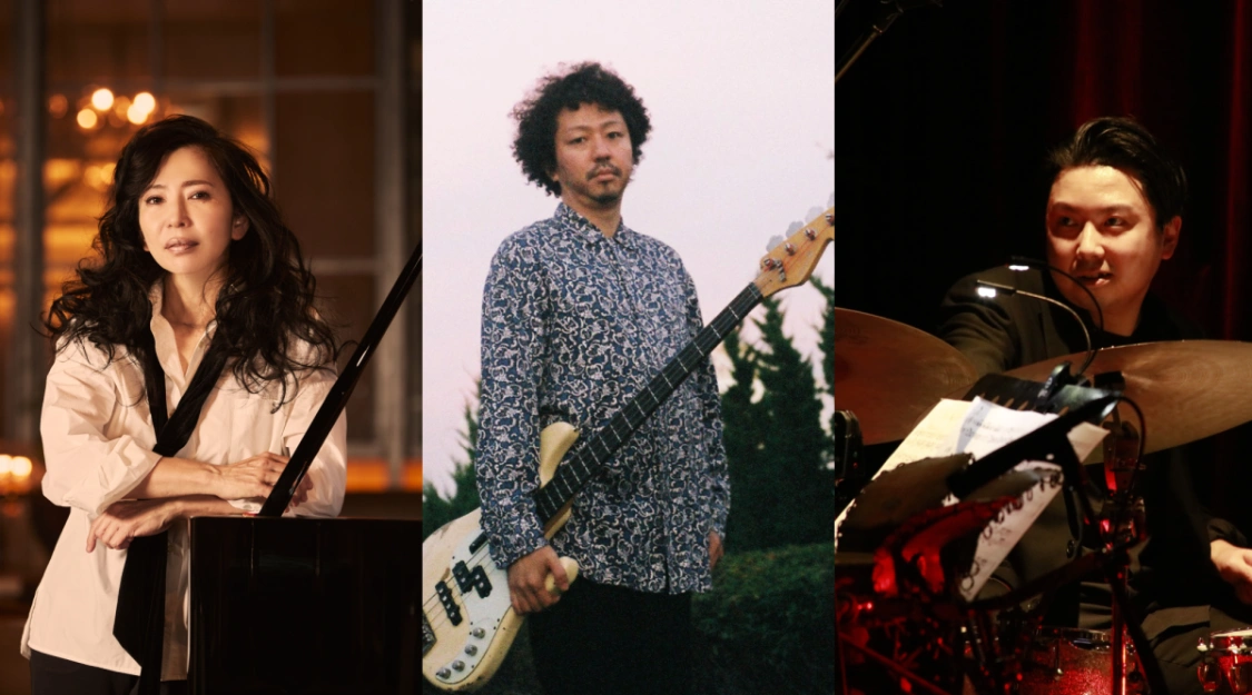 Three panel portrait of the Junko Onishi Trio, with pianist Junko Onishi at a grand piano, her bassist holding an electric bass outdoors and her drummer behind a kit, the trio opening Haruki Murakami’s Jazz at Peter Cat at Barbican Hall on 21 November 2026