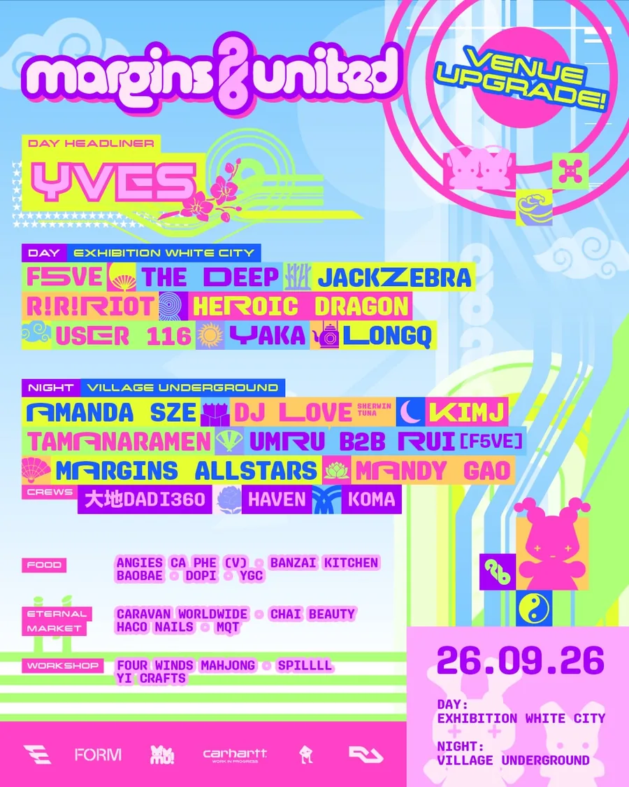 Margins United 2026 line-up poster, with Yves headlining the day at Exhibition White City and DJ Love, kimj and Rui of f5ve at Village Underground by night on 26 September 2026