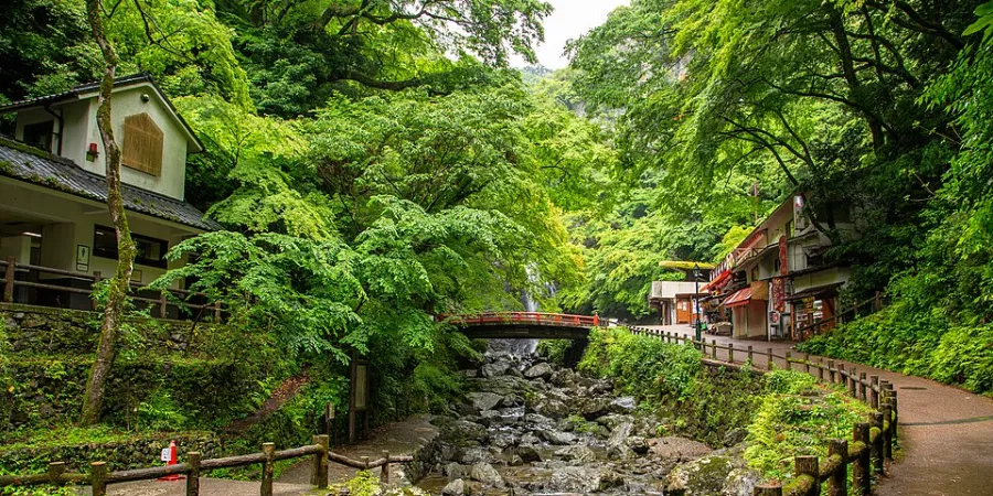 Lush Minoo Park in Osaka with a forest stream, stone bridge, walking path and traditional Japanese buildings