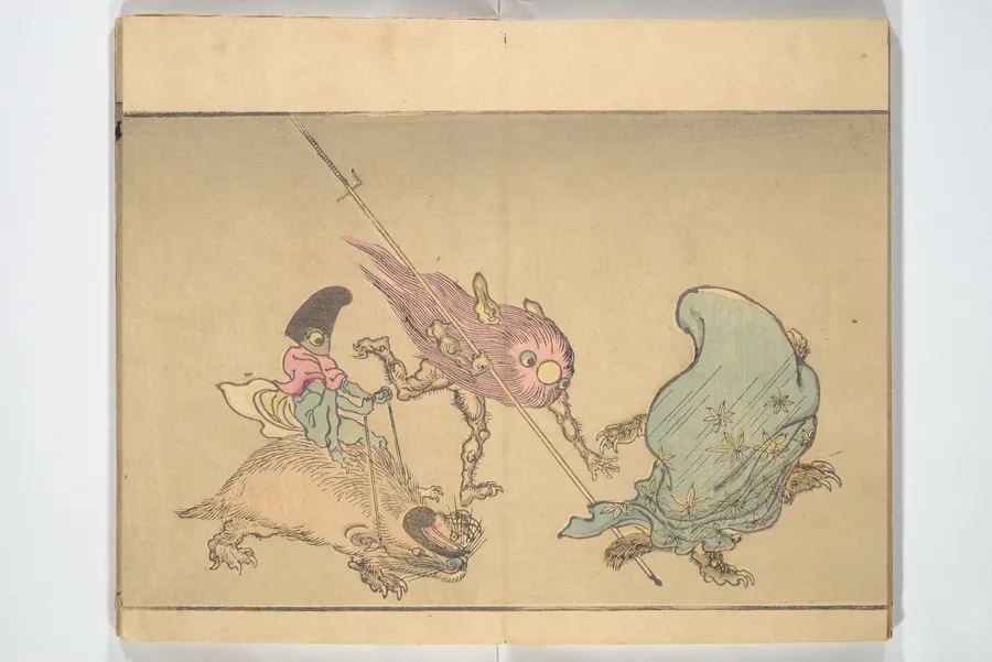 Page from Kawanabe Kyōsai's Pictures of One Hundred Demons, 1890, showing yōkai creatures chasing each other across a pale ground