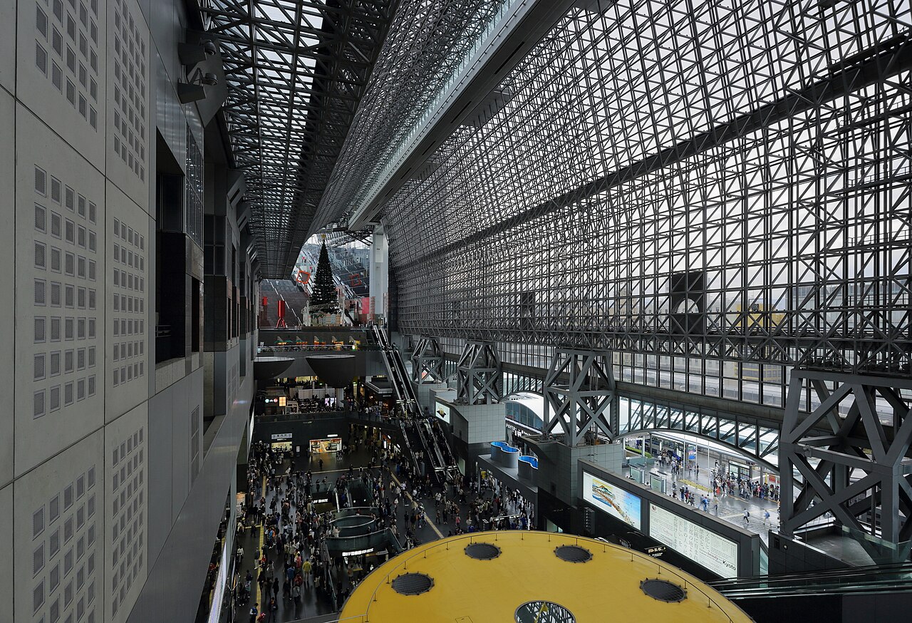 The steel lattice roof and main concourse inside Kyoto Station