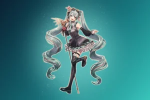 Hatsune Miku in her steampunk MIKU EXPO 2026 Europe outfit, with goggles, a microphone stand and long teal twin tails, on a teal gradient