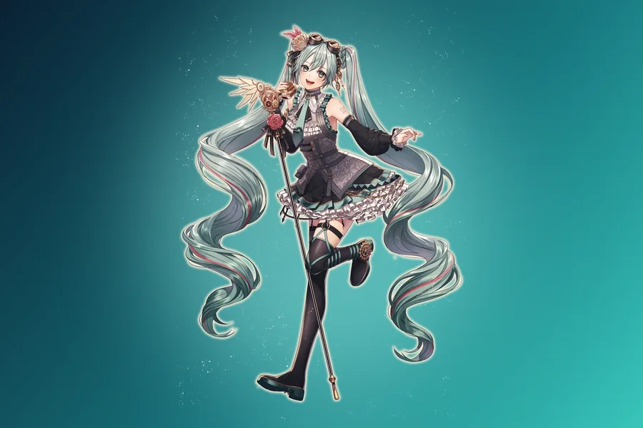 Hatsune Miku in her steampunk MIKU EXPO 2026 Europe outfit, with goggles, a microphone stand and long teal twin tails, on a teal gradient