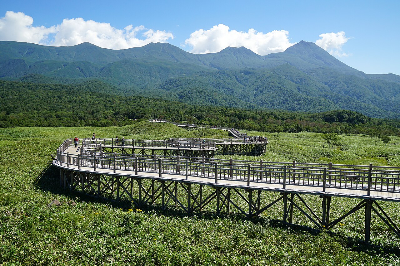 The raised wooden boardwalk crossing grassland at the Shiretoko Five Lakes, with the Shiretoko mountains behind