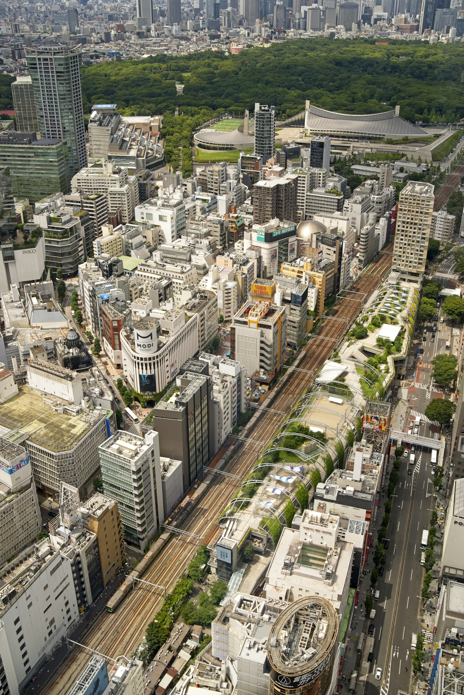 Aerial view over the dense Tokyo skyline