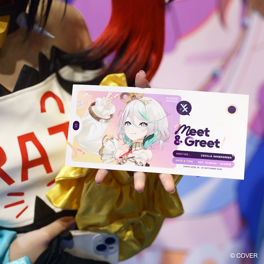 A cosplayer holding up a VeXpo 2026 meet and greet ticket for Cecilia Immergreen, dated Saturday 11:30am to 12:45pm