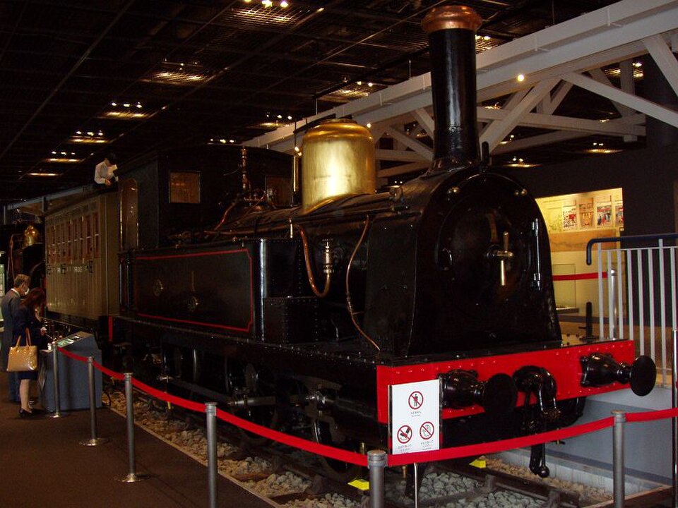 Class 150 steam locomotive No. 1, which ran on Japan’s first railway between Shimbashi and Yokohama in 1872, on display at the Railway Museum in Saitama