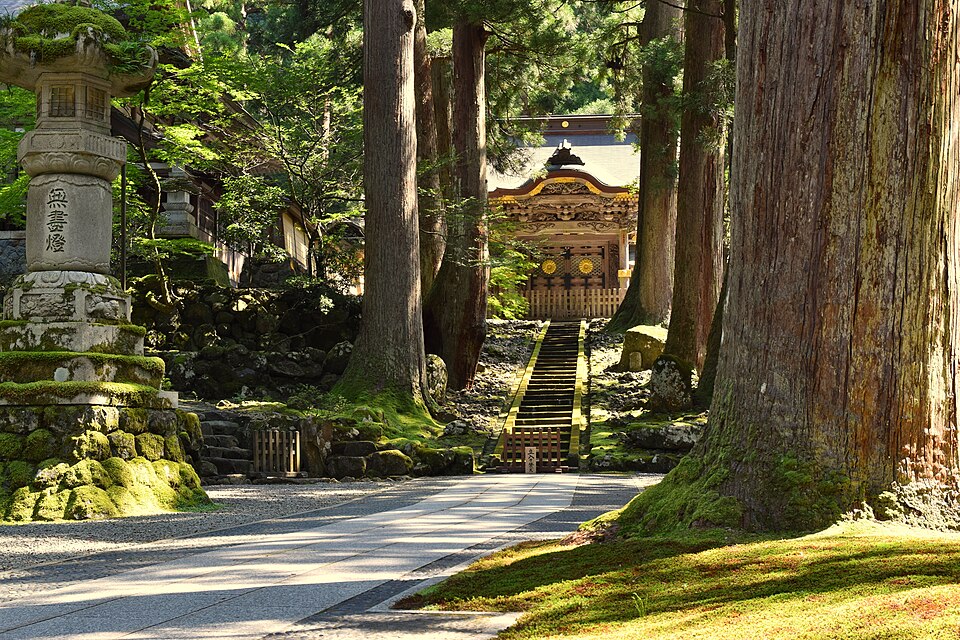 Tall cedar trees and a moss covered stone lantern beside the stone steps up to a hall at Eiheiji